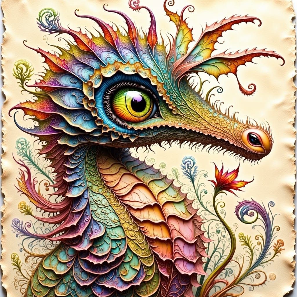 Intricately Illustrated Dragon Botanical in Ancient Parchmen...