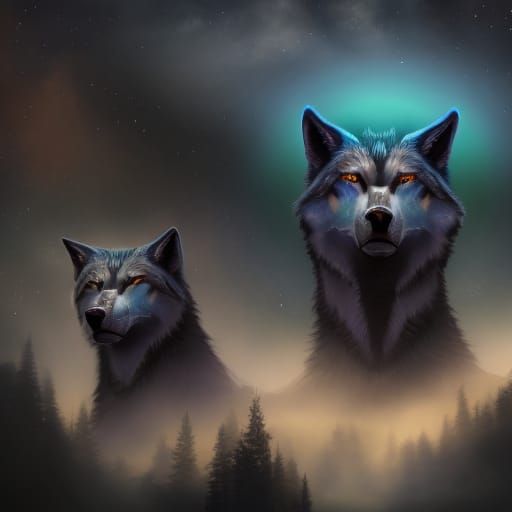 Colorful Three-Headed Wolf Under Starry Sky