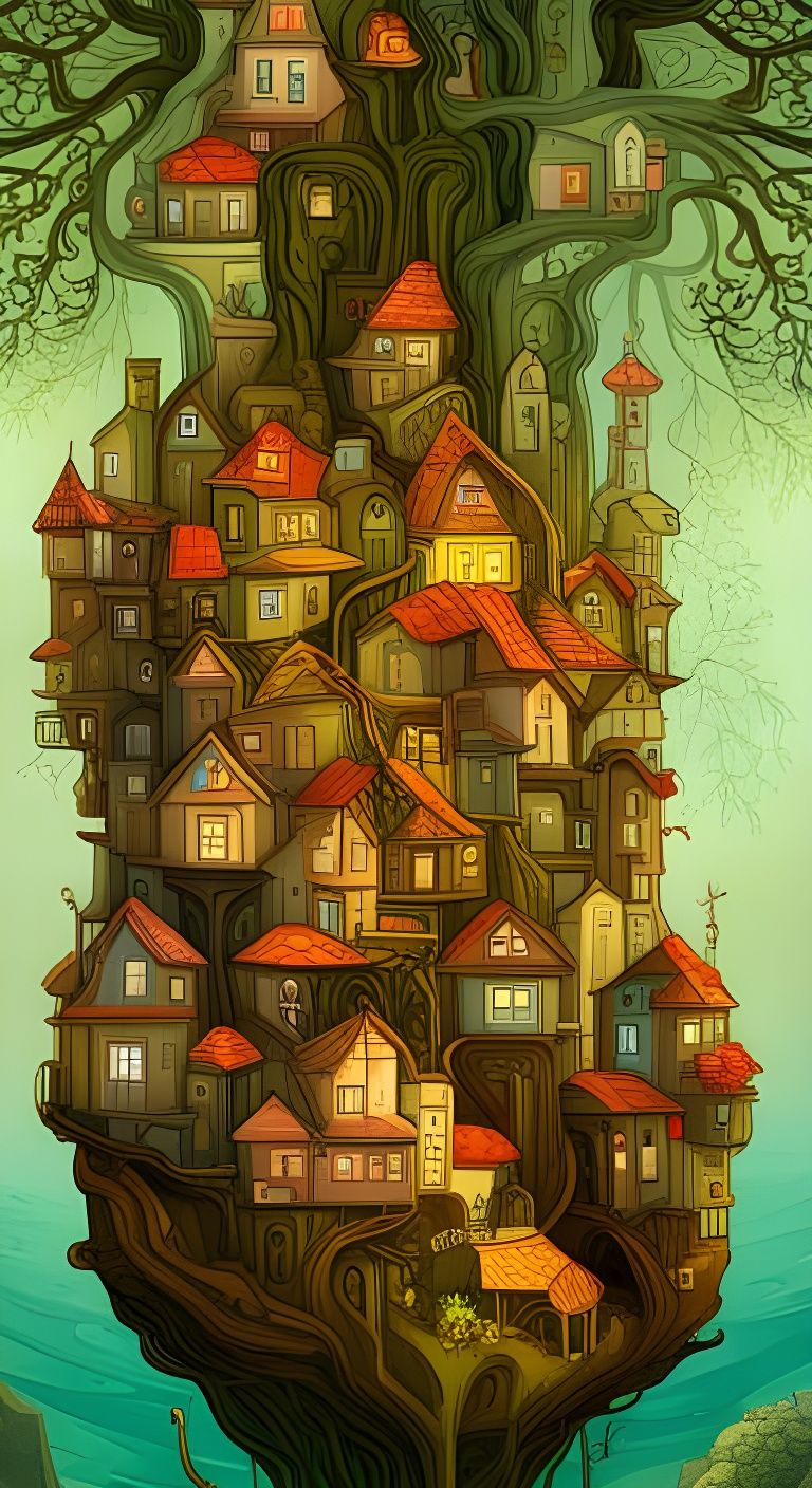 Surreal Floating Tree Village in Polychromatic Graffiti Styl...