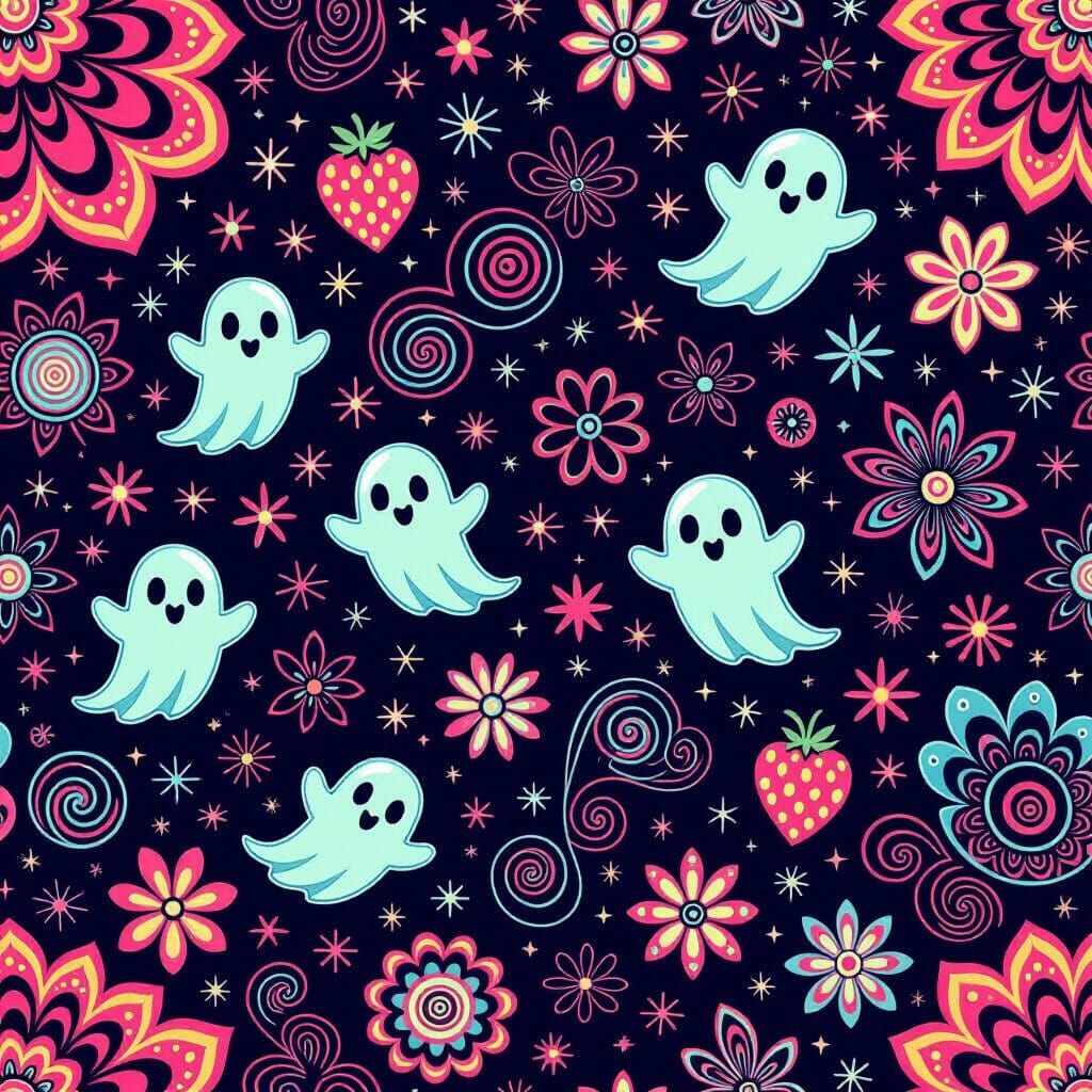 Vibrant Fruit Ghosts in Psychedelic 80s Neon Pattern