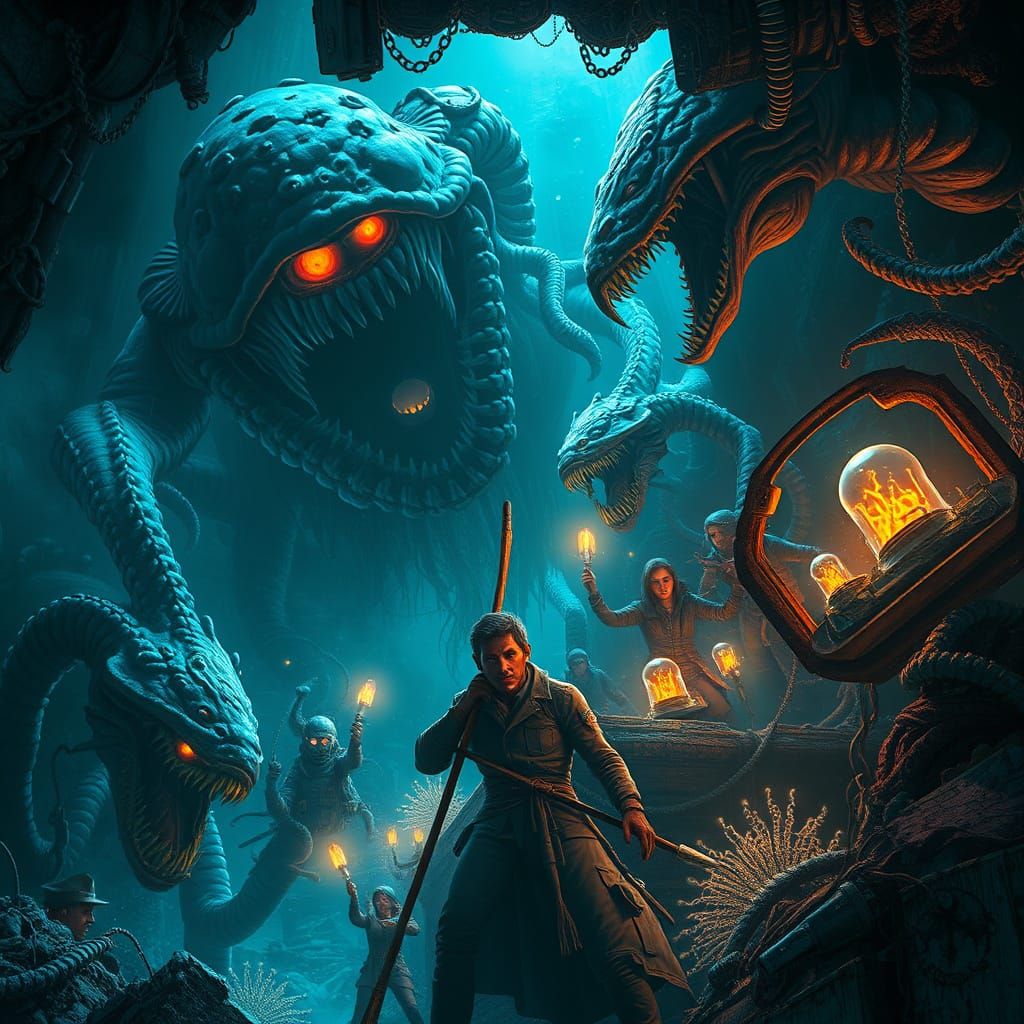 Scientists Battle Sea Monsters in Deep Ocean Fantasy Art