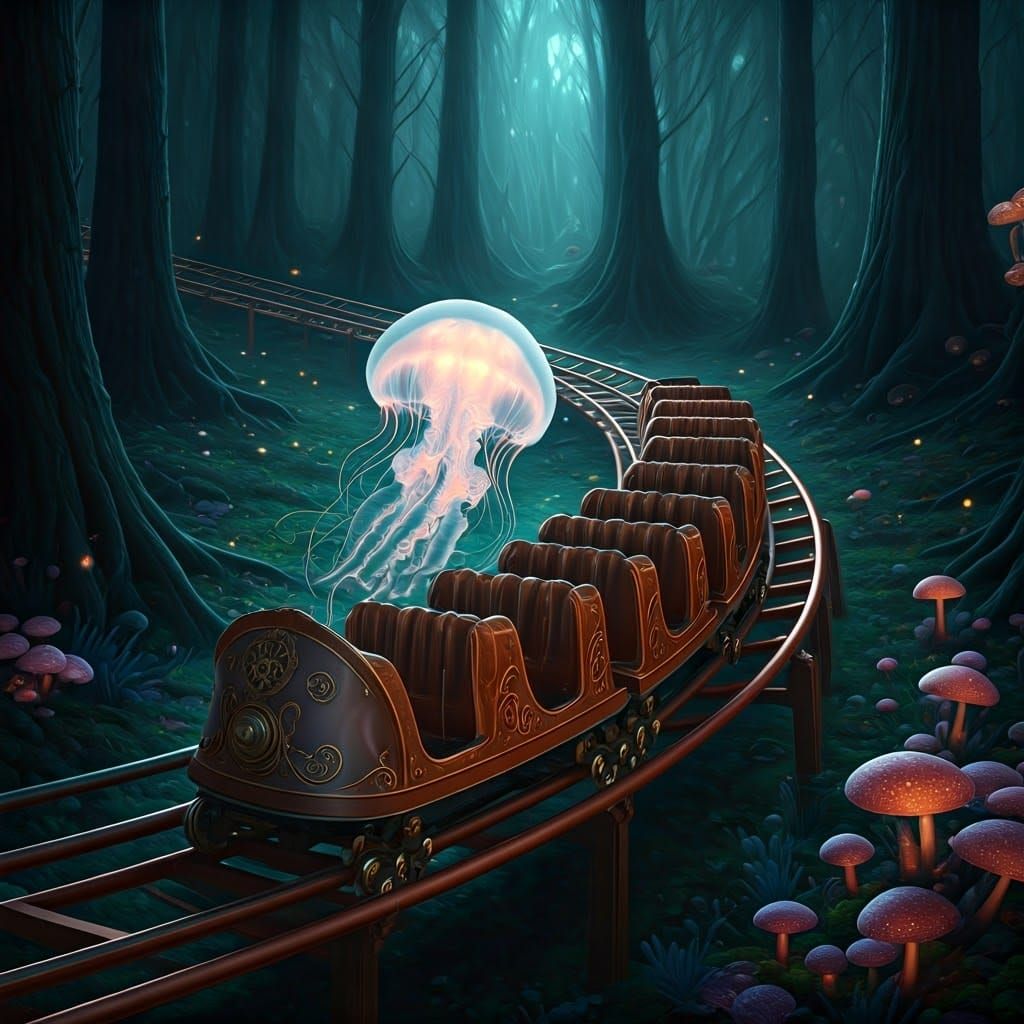 Ethereal Jellyfish Surfs Steampunk Rollercoaster in Moonlit...