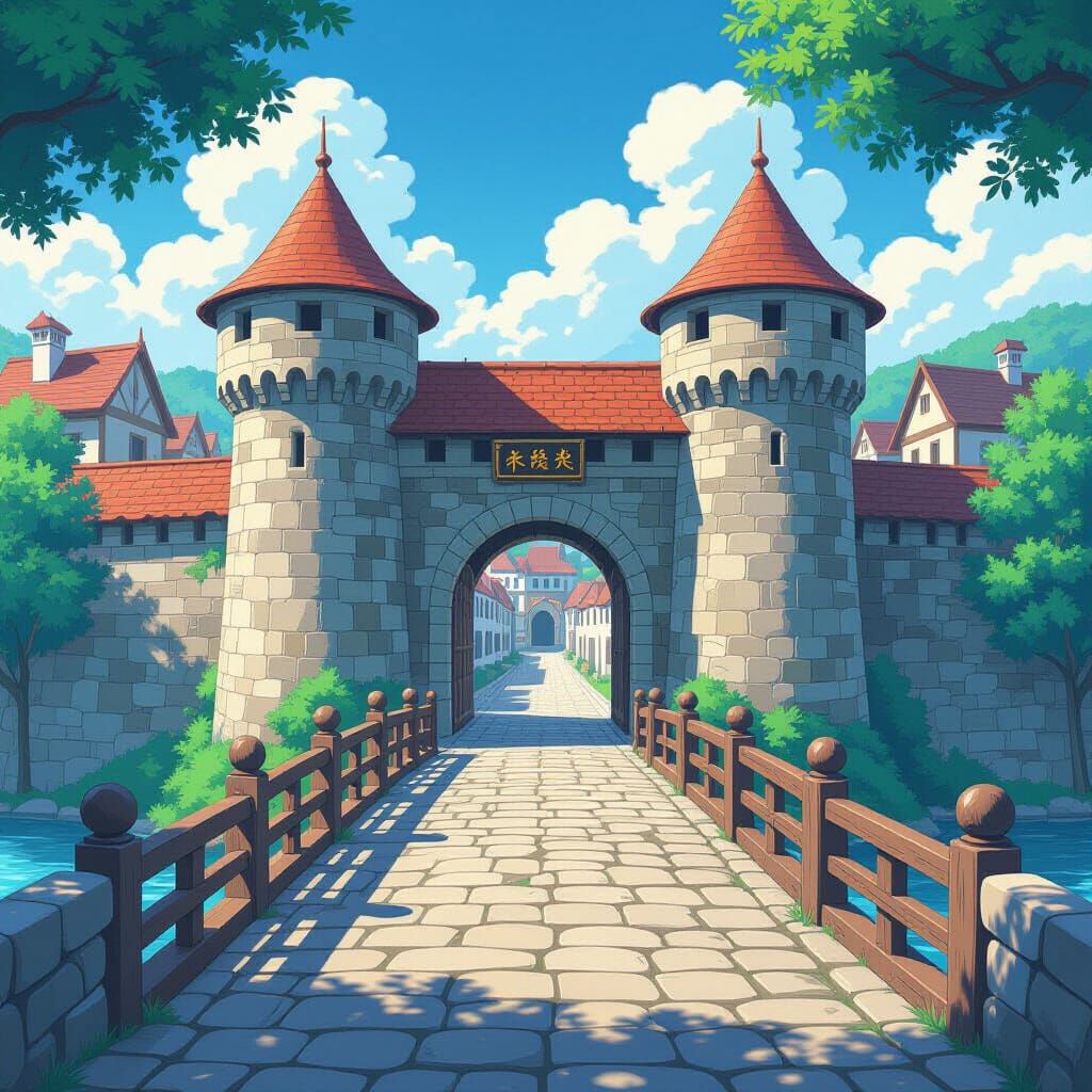 Anime Medieval City Gate with Stone Bridge
