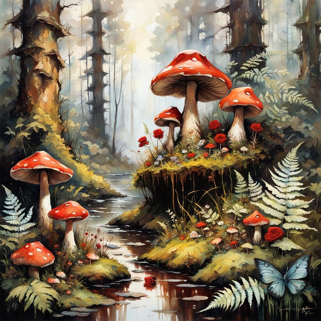 Mystical Forest with Ferns and Toadstools