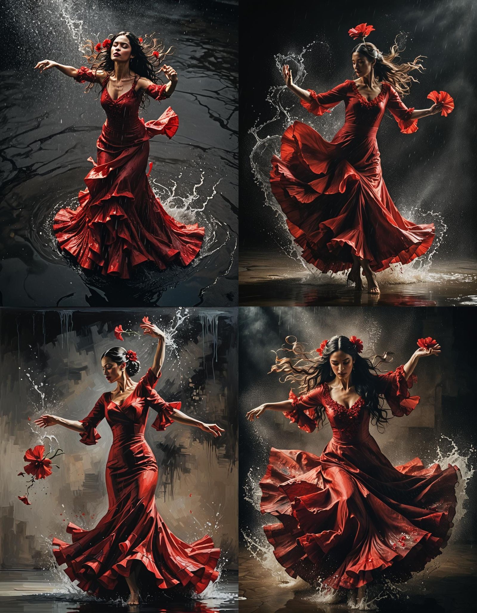Flamenco Dancer in Red Dress with Water Splash