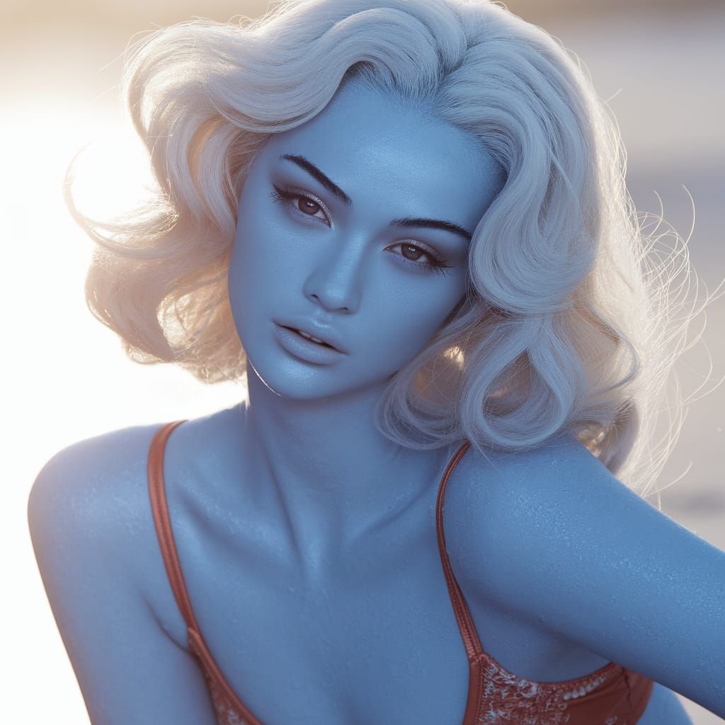 Model Towa with Porcelain Blue Skin on Sunlit Beach
