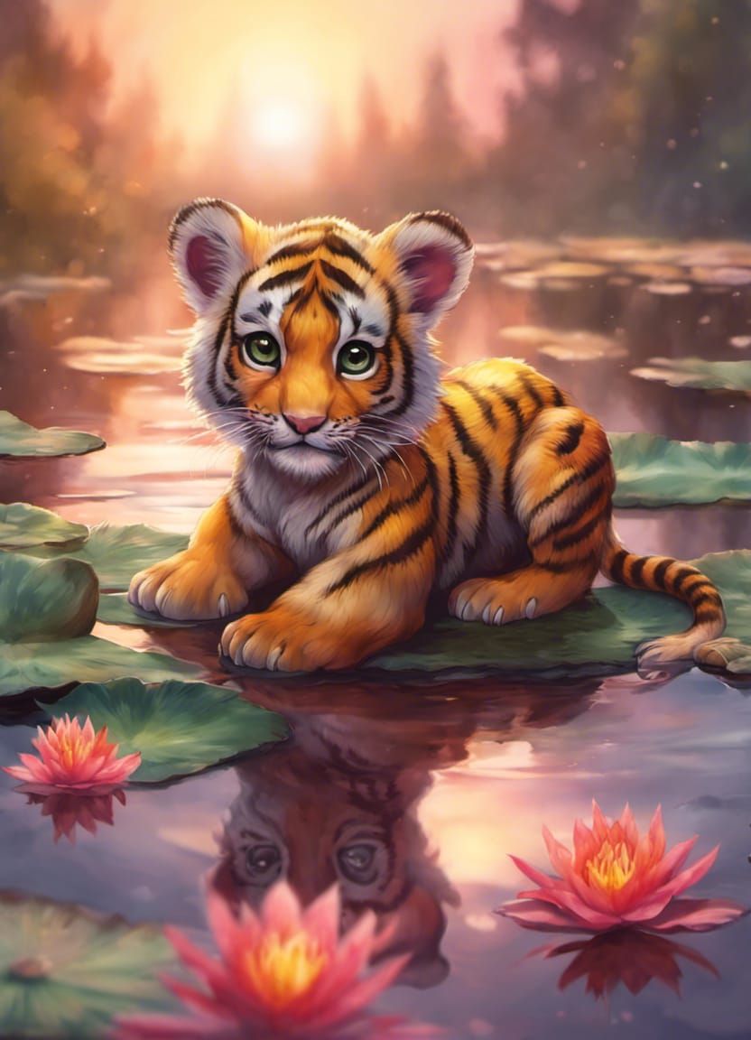Chibi Tiger Cub in Vibrant Watercolor Sunset