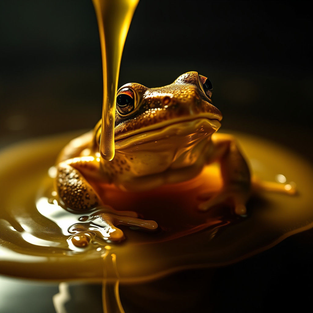 Frog in Honey Pour: Hyperrealistic 64-Megapixel Image