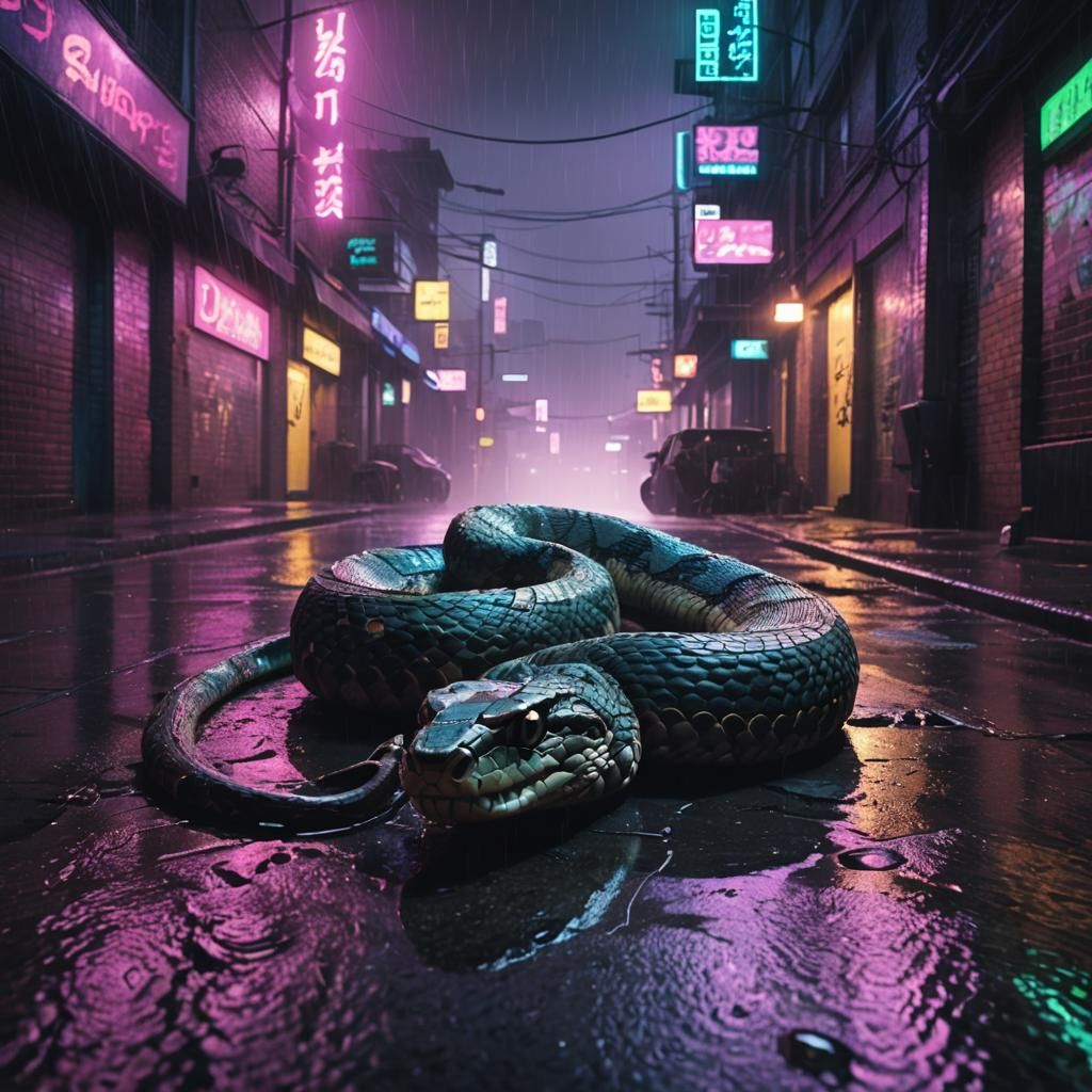 Cyberpunk Rattlesnake Strikes in Neon Noir Cityscape