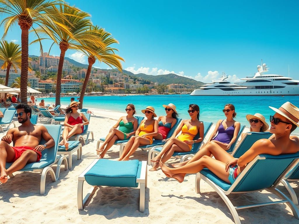 Luxurious Monte Carlo Beach Scene in Vibrant Colors
