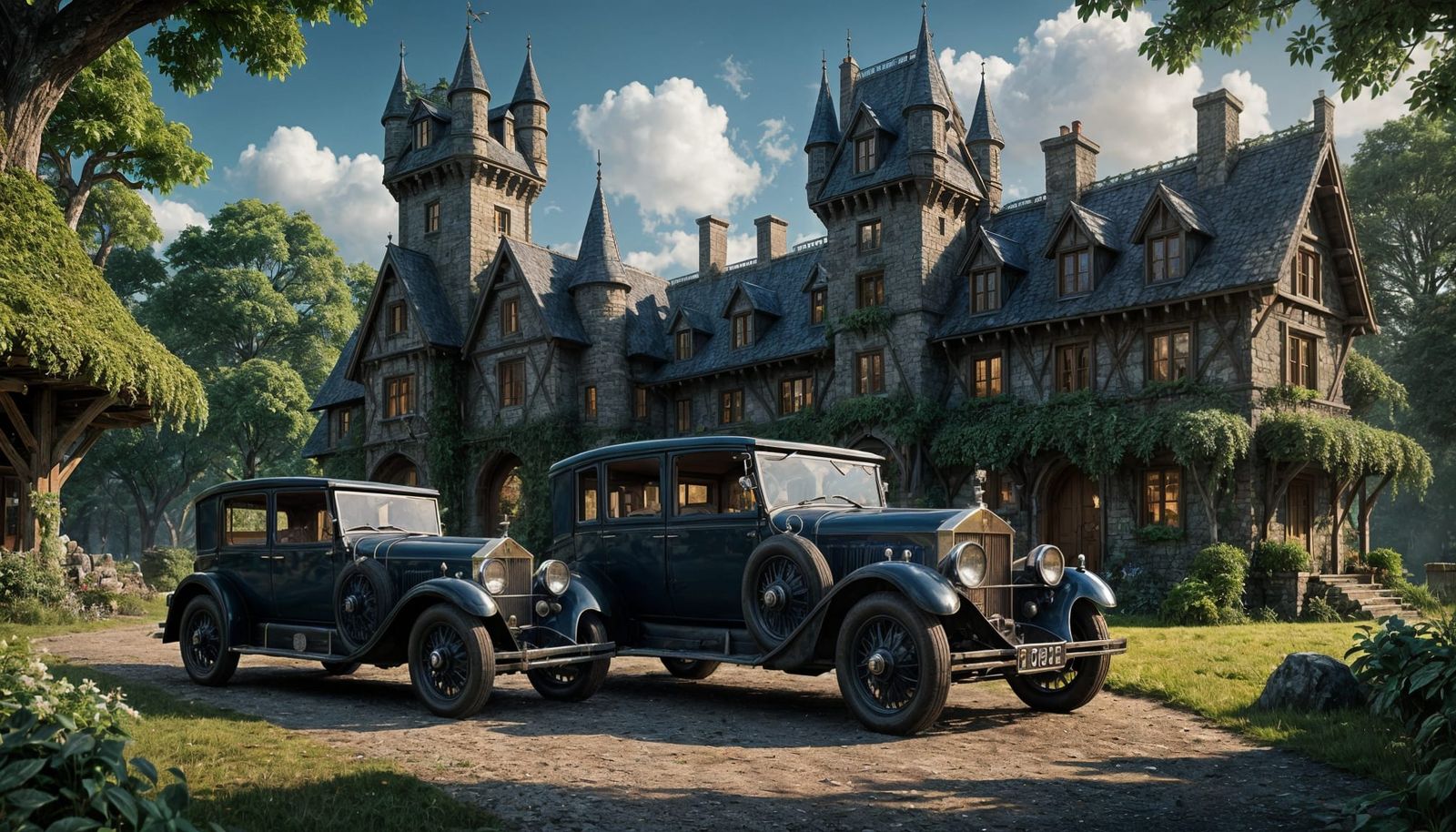 Two Antique Rolls Royce Cars Before Elven Cottage