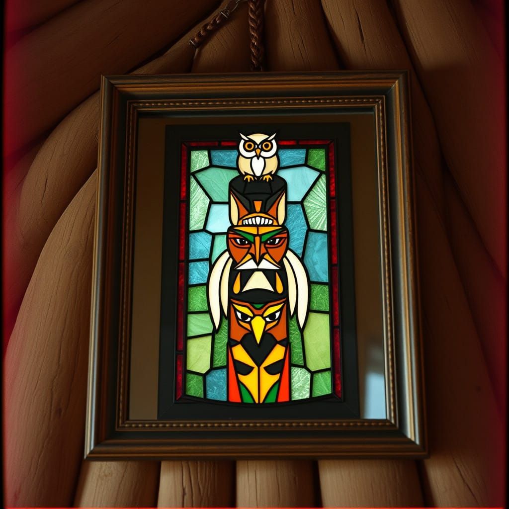 Stained Glass Totem Pole in Antique Frame, Chieftain's Wigwa...