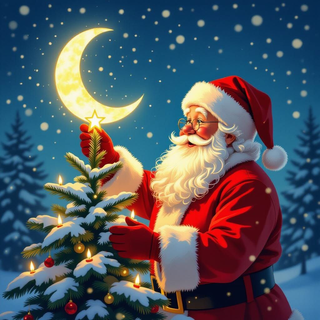 Santa Decorates Christmas Tree with Moon in Storybook Style