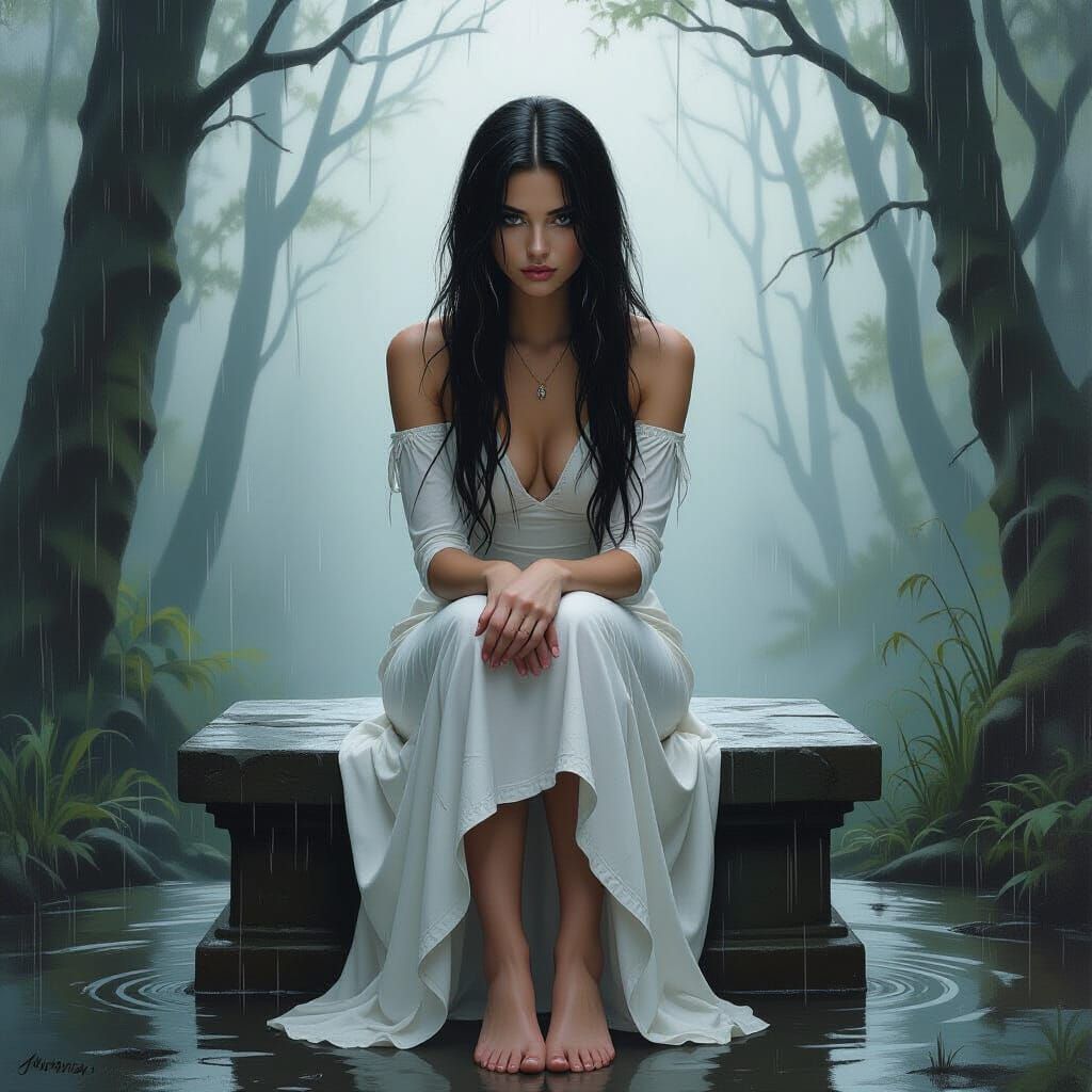 Melancholic Forest Portrait: Woman in Wet Dress