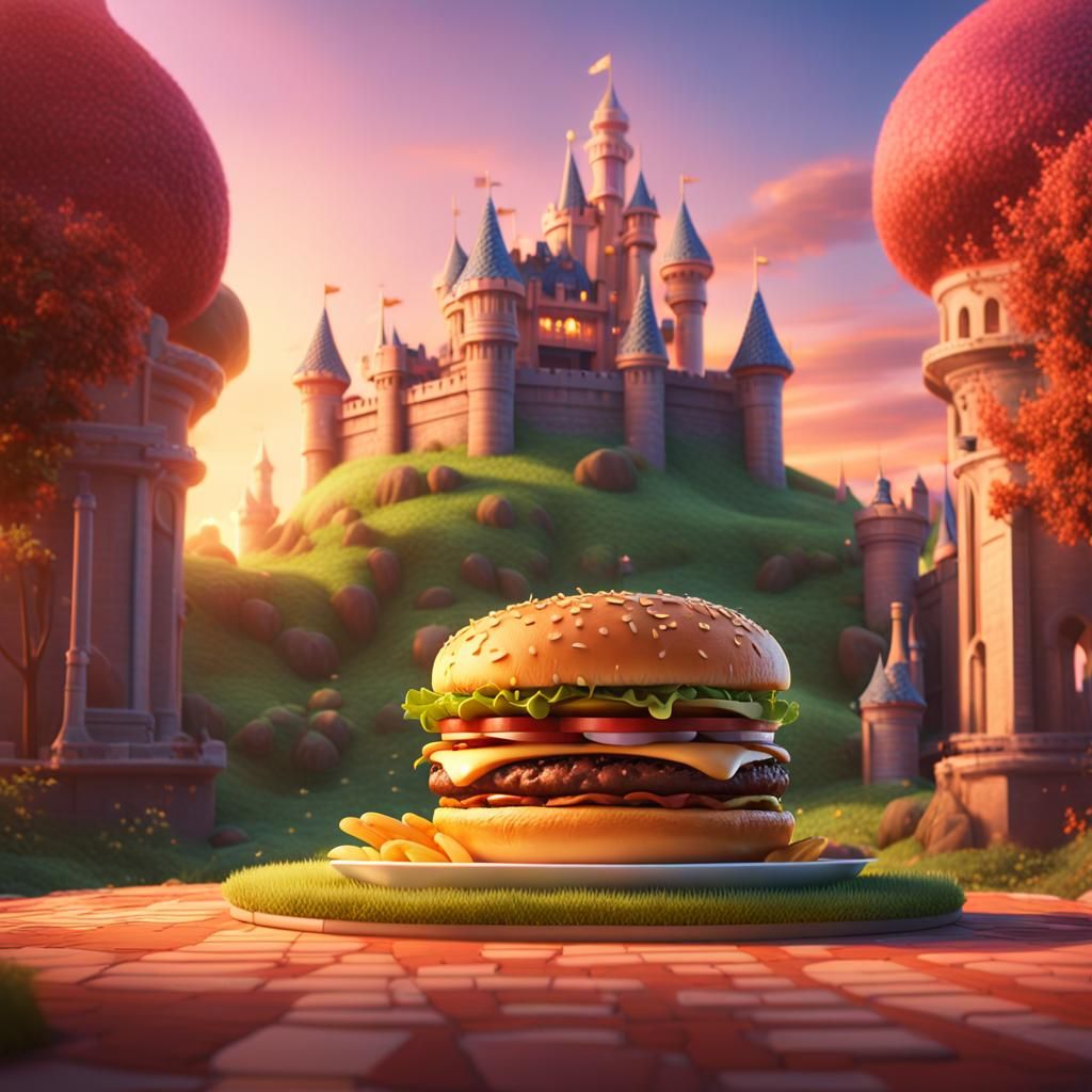 Fairytale Castle and Giant Hamburger in 3D Animation
