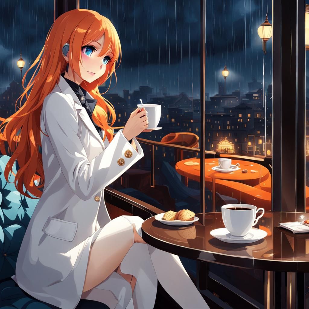 Orange-Haired Woman Enjoying Coffee in Rainy Cafe