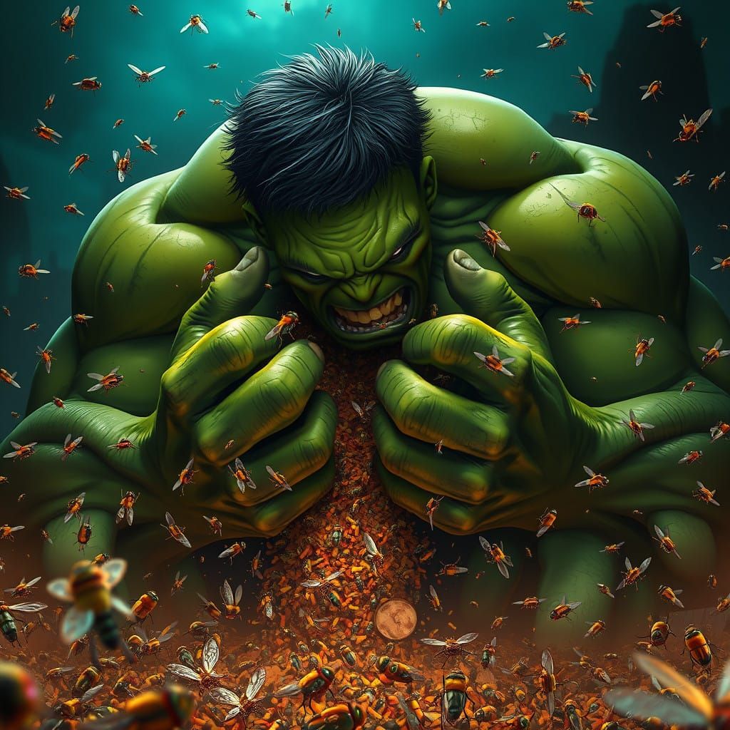 Enraged Hulk Consumes a Swarm of Flies in Hyper-Realistic 3D...