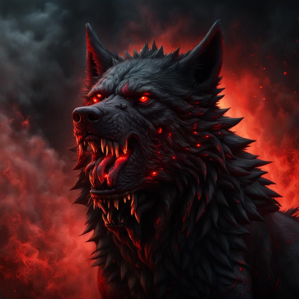 Enormous Black Dire Wolf with Red Eyes