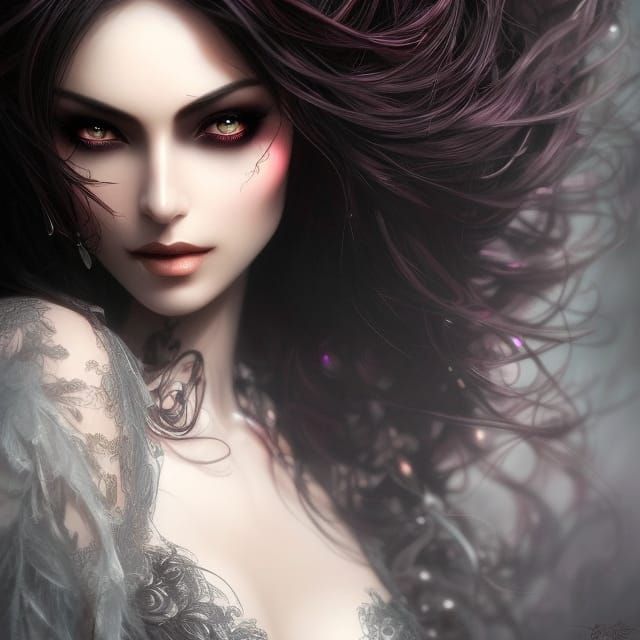 Beautiful Dark-Haired Woman in Coffin: Detailed Art