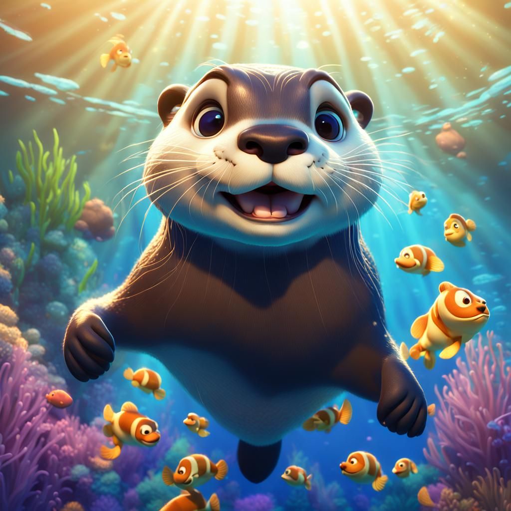 Happy Otter Swimming Underwater: Pixar-style 3D Art