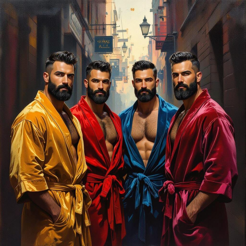 Muscular Bearded Men in Velvet Robes, Gouache Style