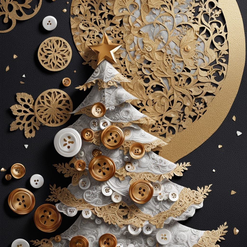 Intricate Fabric Christmas Tree Collage with Gold Leaf