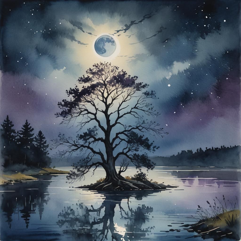 Gouache Style Tree Reflecting Moonlight