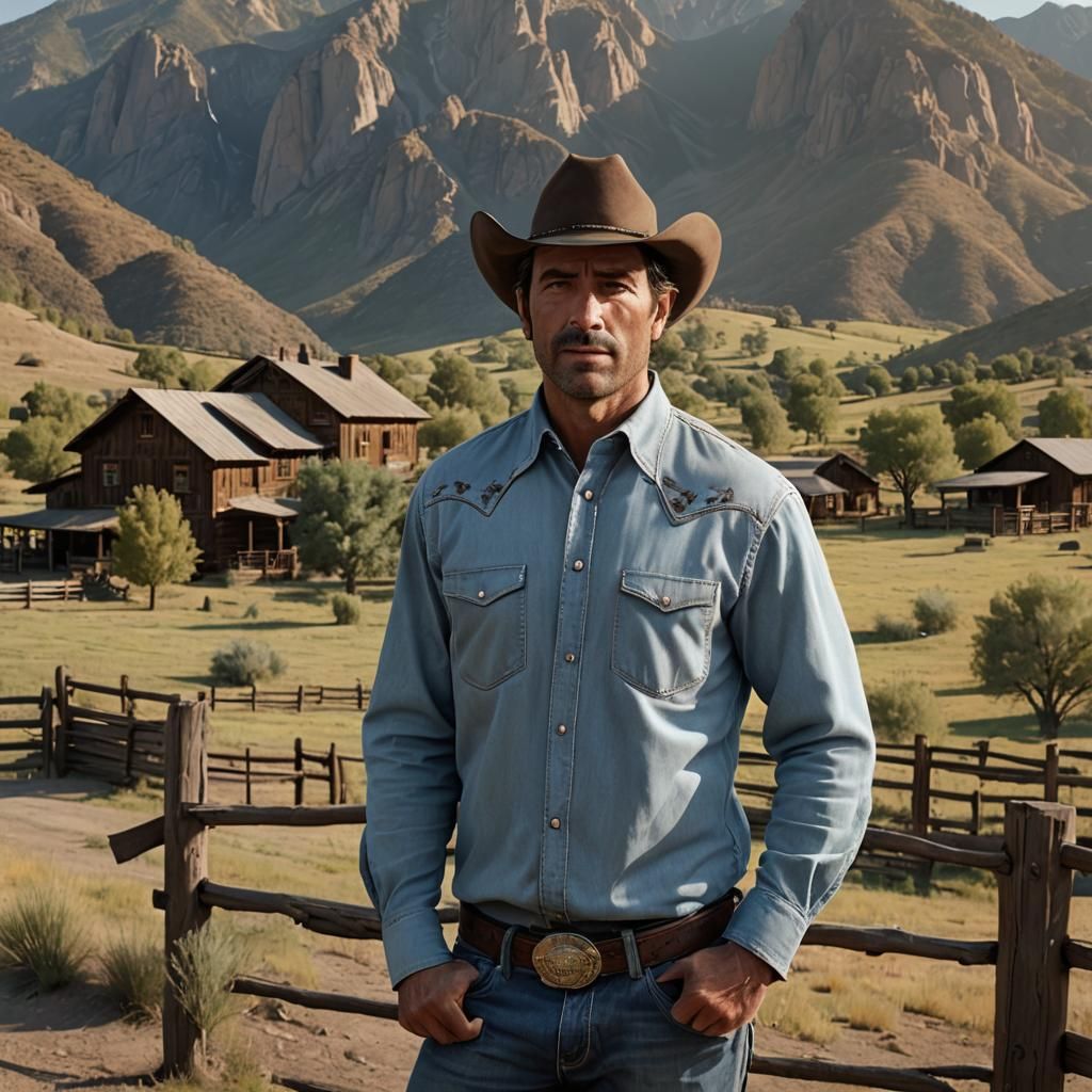 Realistic Portrait of a Cowboy in Mountain Ranch