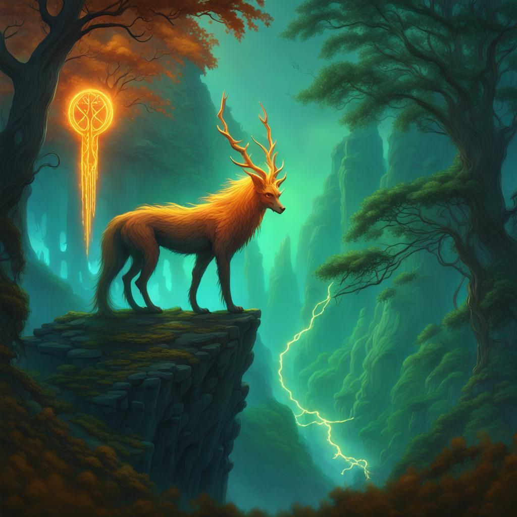 Mythical Creature Overlooking Mystical Forest, Matte Paintin...