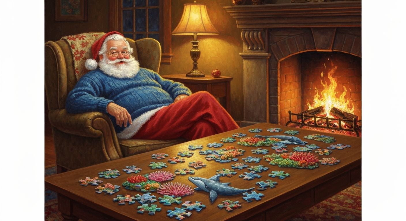 Santa Claus Relaxing by Fireplace in Oil Painting Style