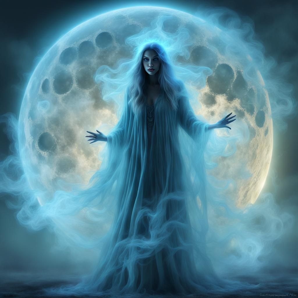 Ethereal Witch Ghost with Bioluminescent Moon