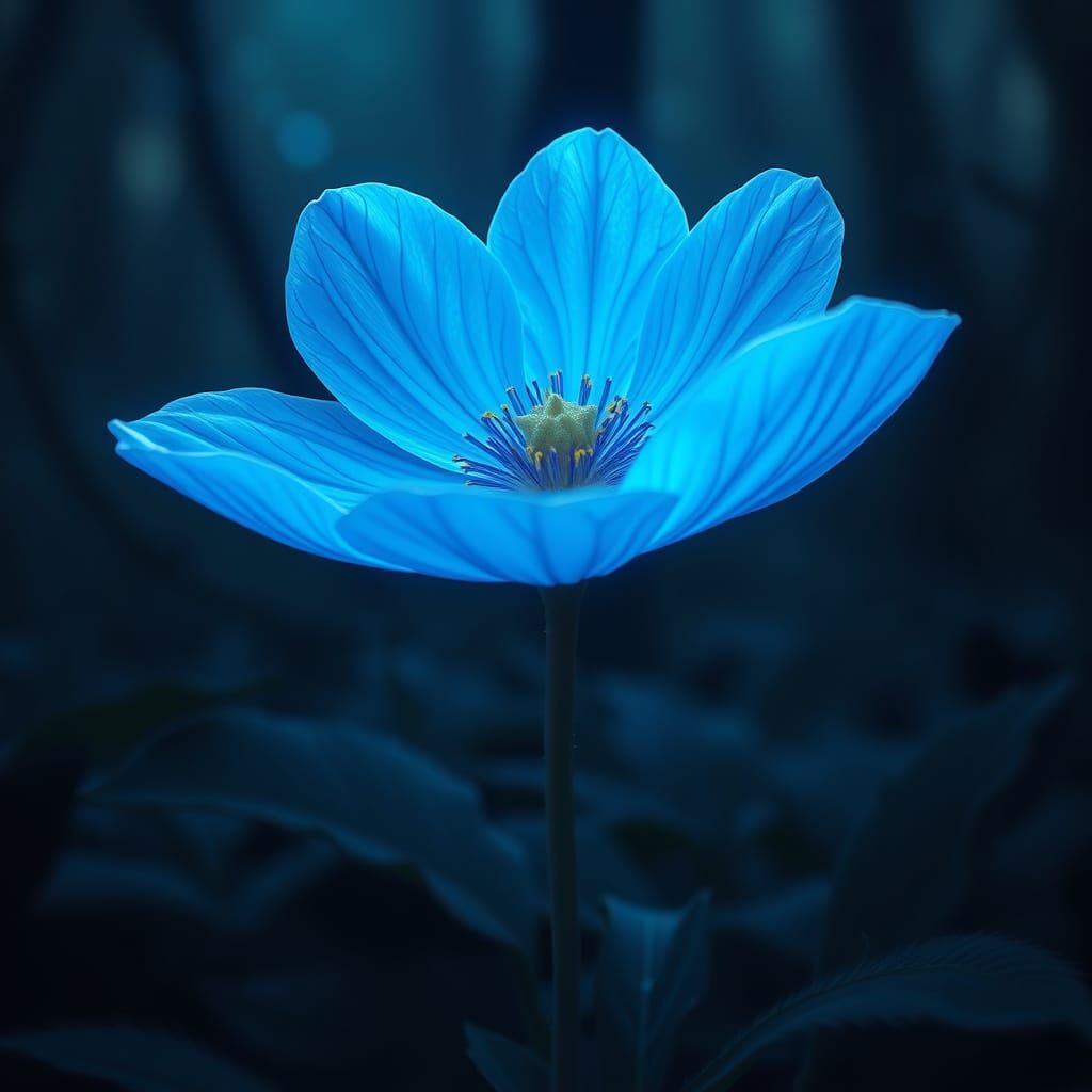 Glowing Blue Flower in Mystical Forest