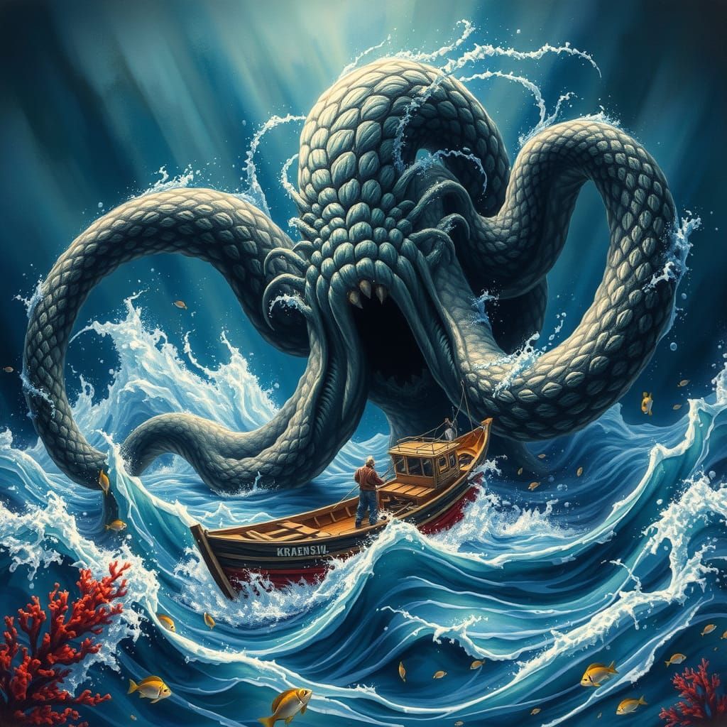A Kraken attacking a fishers boat