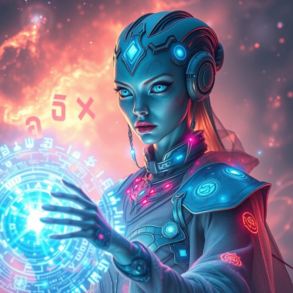 Alien Tech Mage Commanding Circuits in Nebula Glow