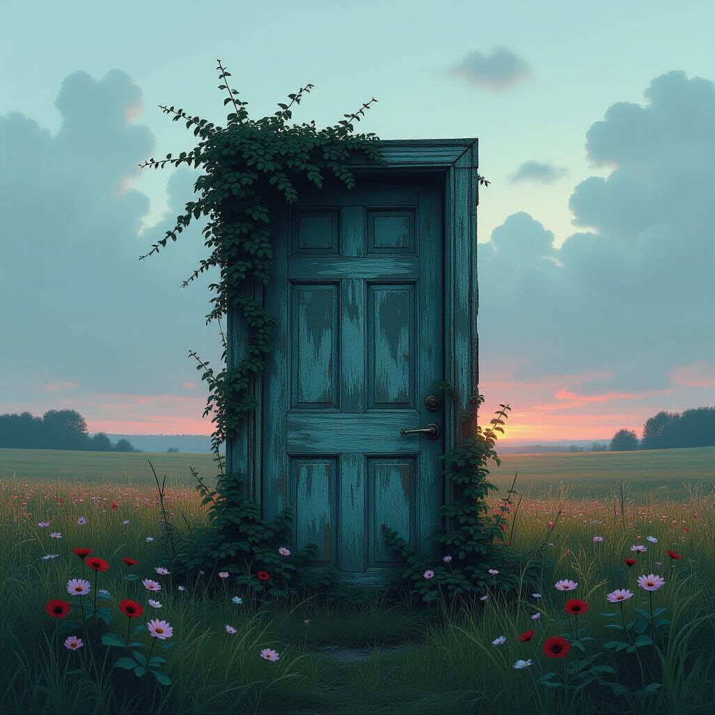 Mystical Door in Open Field, Digital Art