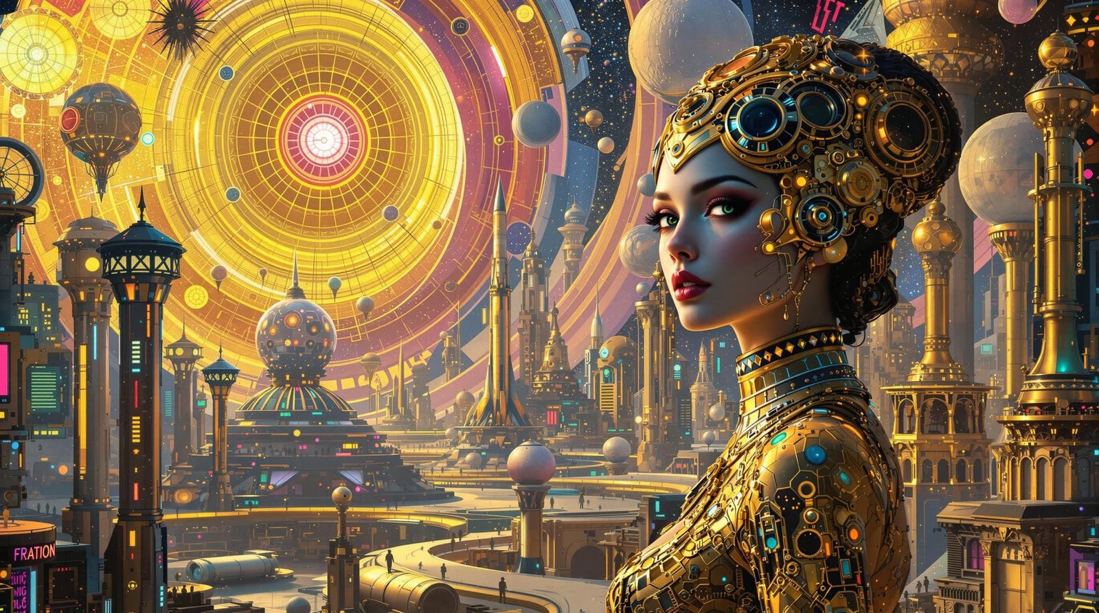 Retro-Futuristic Goddess in Klimt-Inspired Cyberpunk City