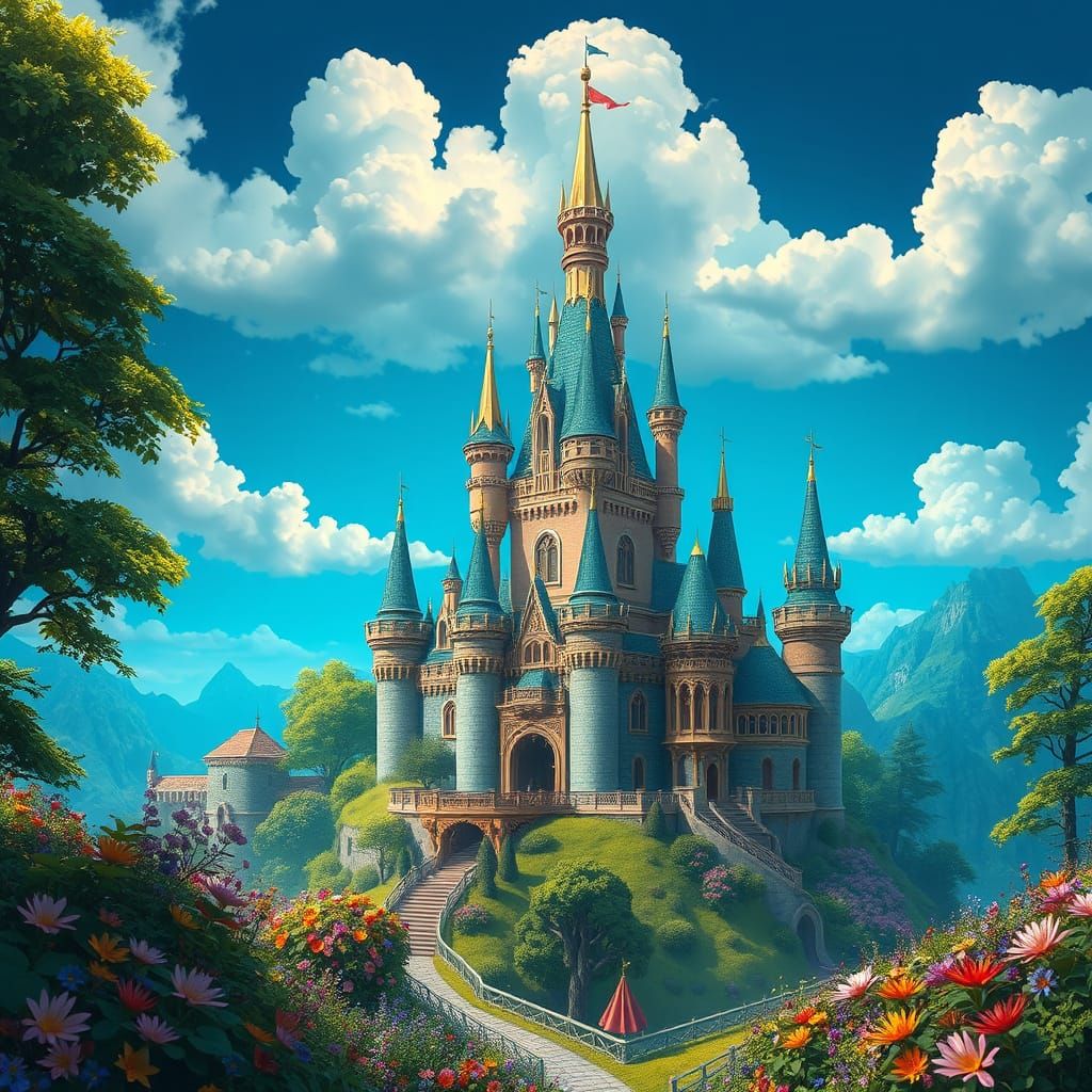 Whimsical Fantasy Castle Amidst Dreamlike Landscape