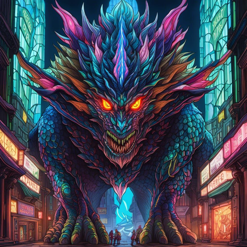 Neon Stained Glass Kaiju Titan in Aetherpunk Style