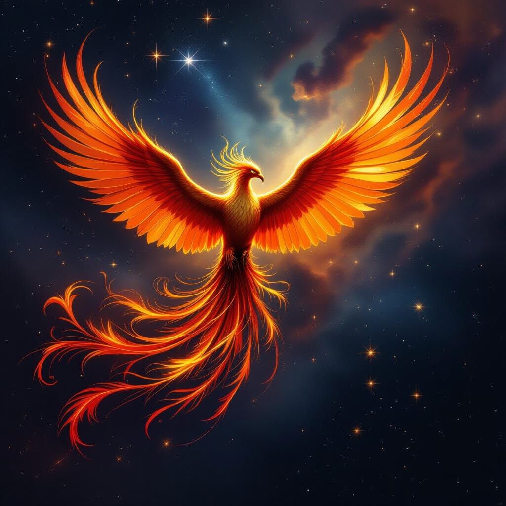 Golden Phoenix Soars Through Cosmic Nebula