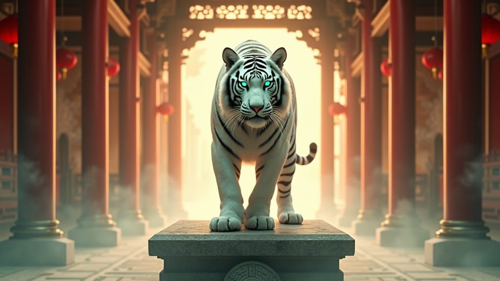 Majestic White Tiger in Shaolin Temple, Chinese Brush Style