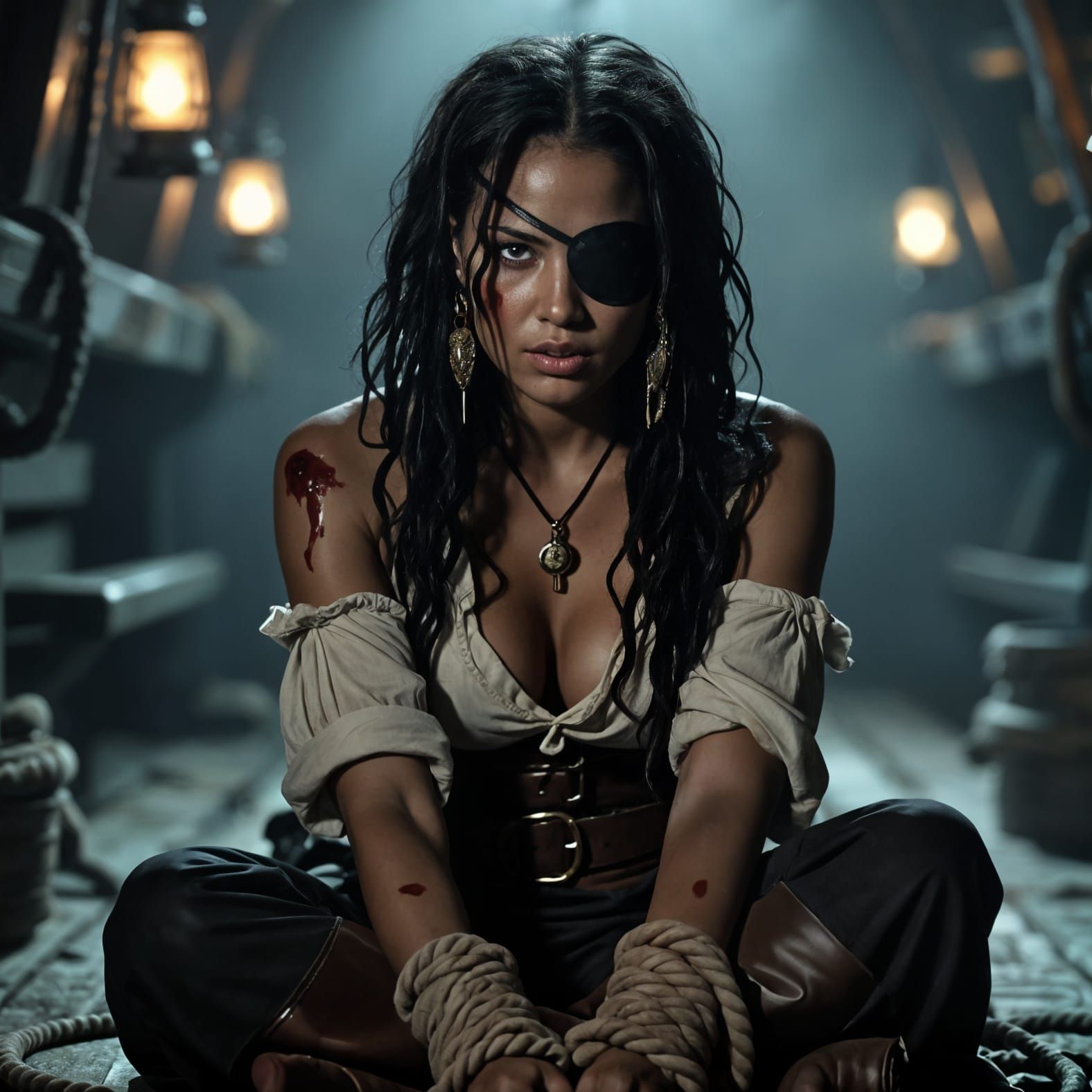Anxious Female Pirate Captive Below Deck in Cinematic Photo