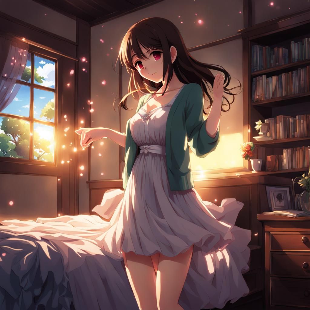 Brunette Dances in Dark Bedroom: Anime Style