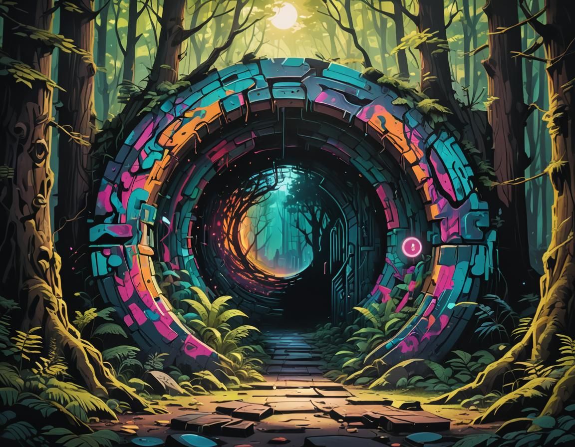 Dimensional Portal Opens in Dark Forest: Street Art