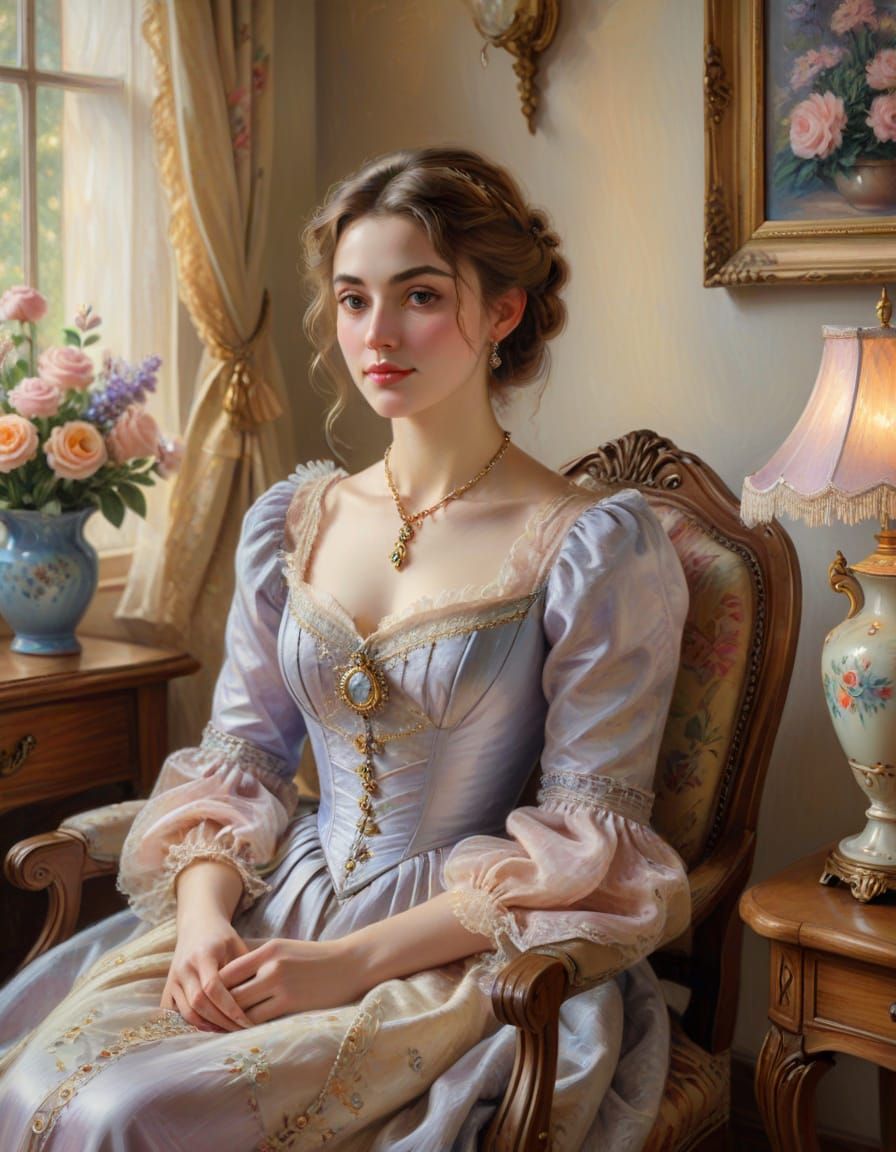 Victorian Woman in Cozy Cottage, Impressionist Oil Painting