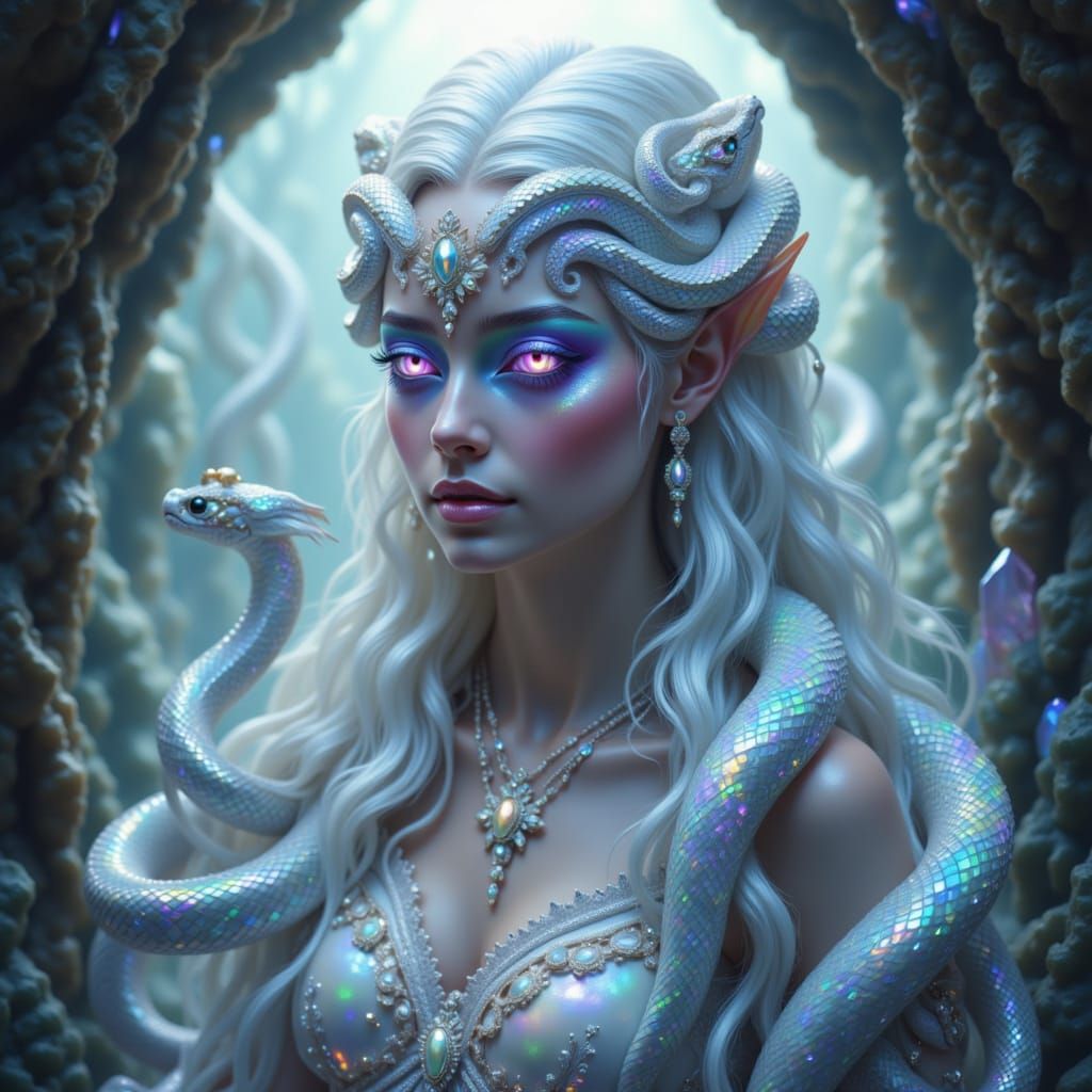 Opal Medusa with Marble Snake Hair in Cavern