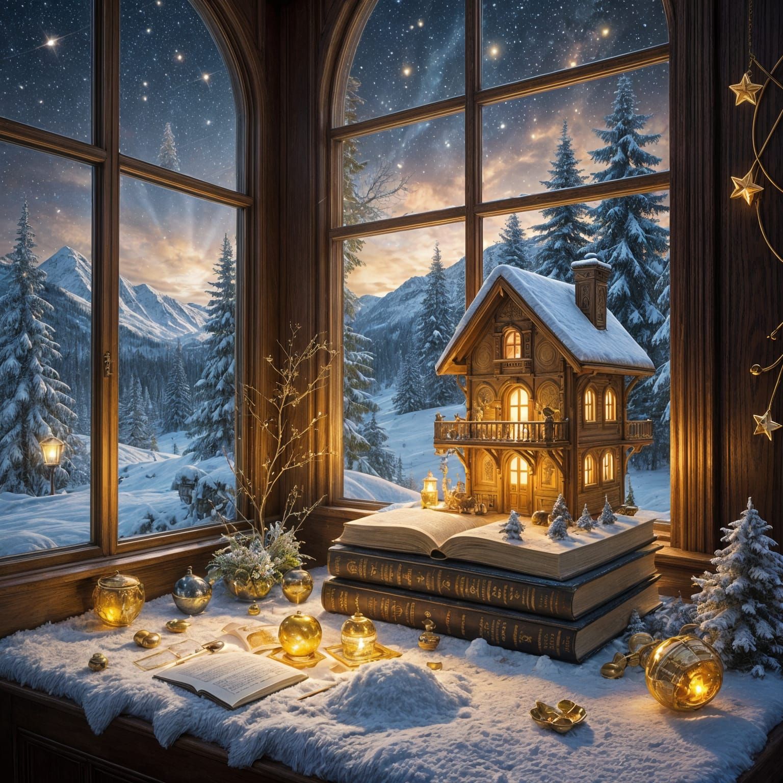 Magical Winter Scene with Books and Honey