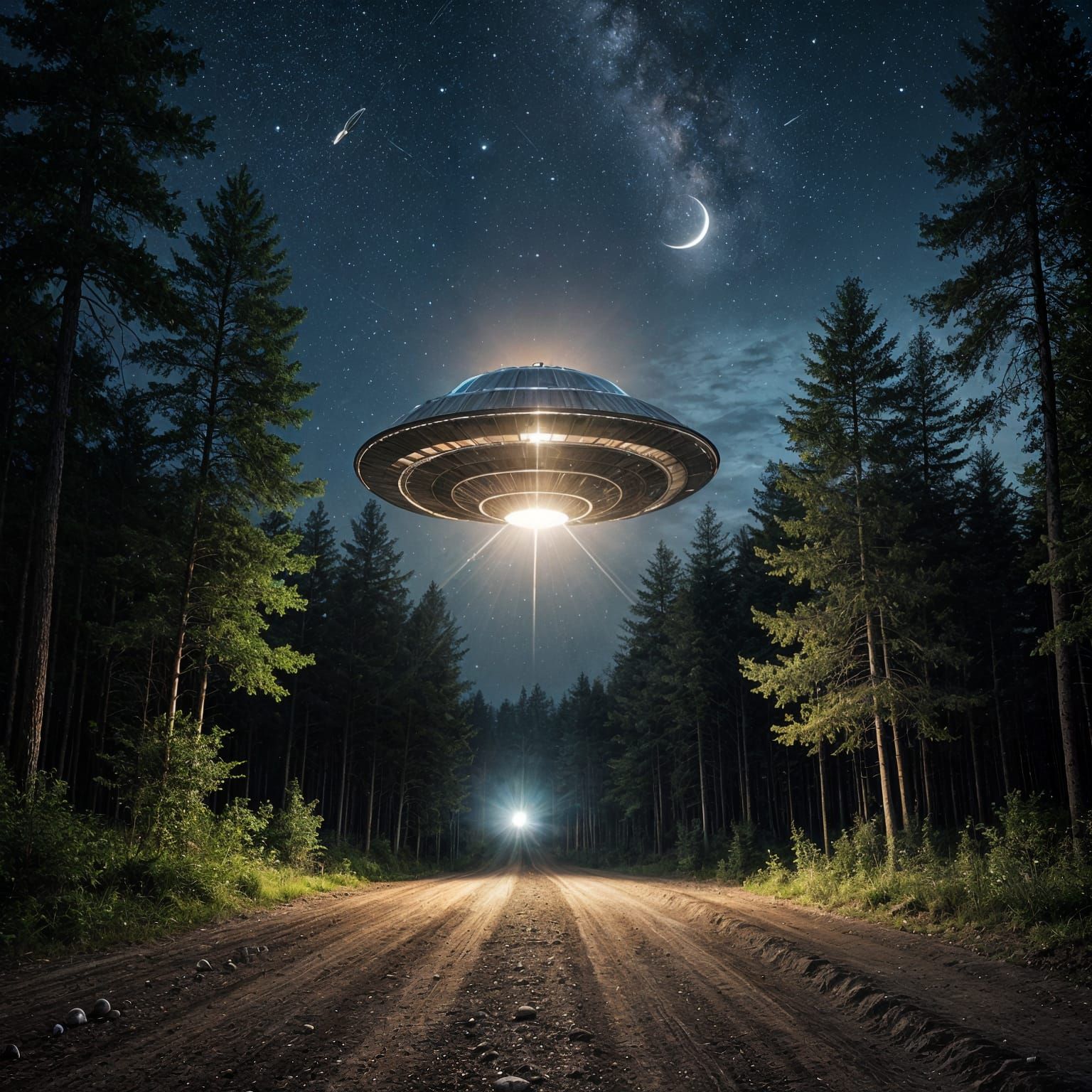Majestic Metallic UFO Illuminates Moonlit Woodscape