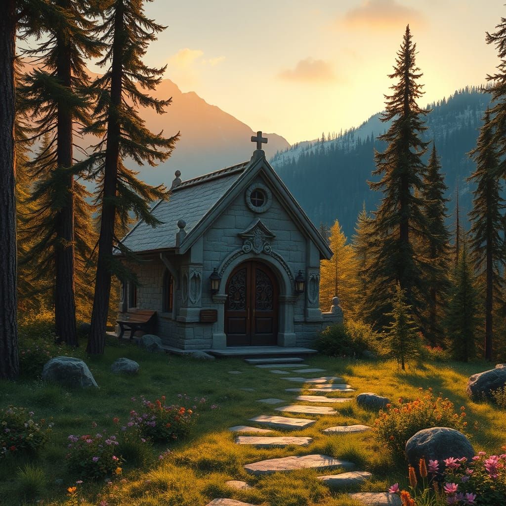 Mountain Glade Chapel in Evening Light