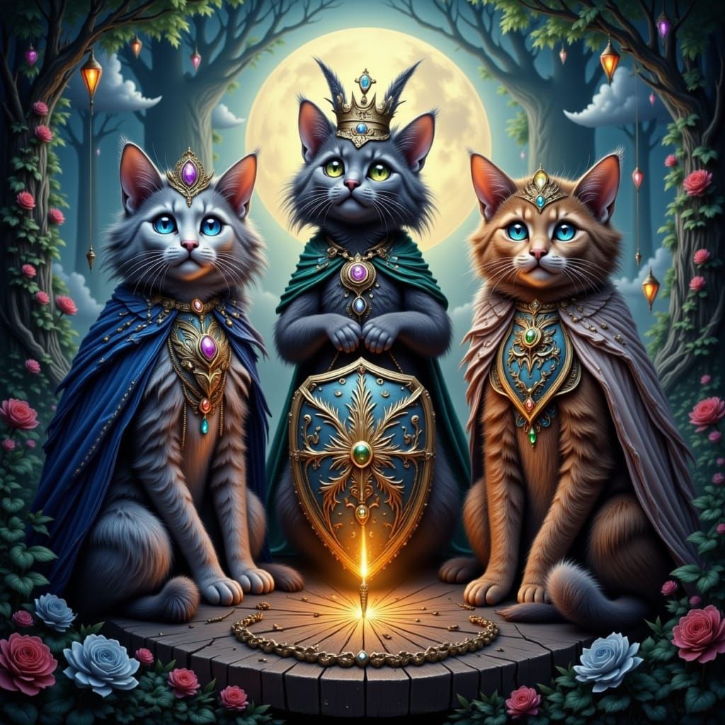 Regal Felines Gathered Around Grimalkin Shield