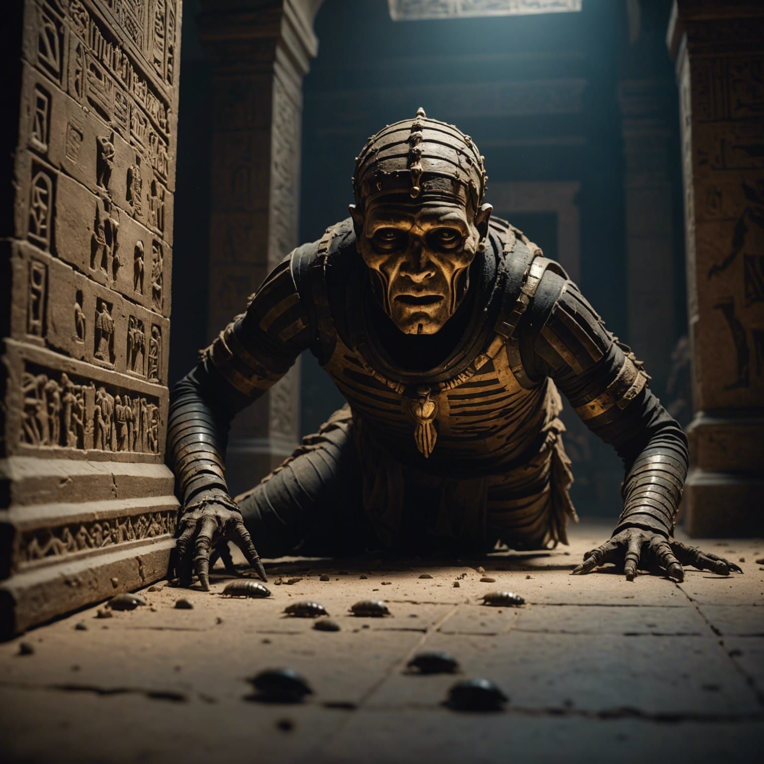 Decaying Mummy Emerges from Sarcophagus in Dark Tomb